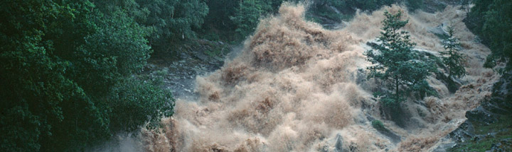 Water crashing through wooded valley
